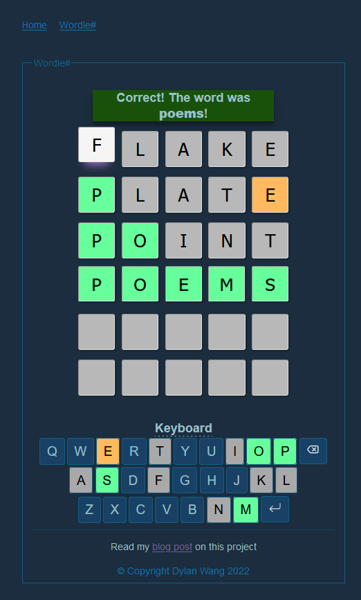 Screenshot of the Blazor-backed Wordle page