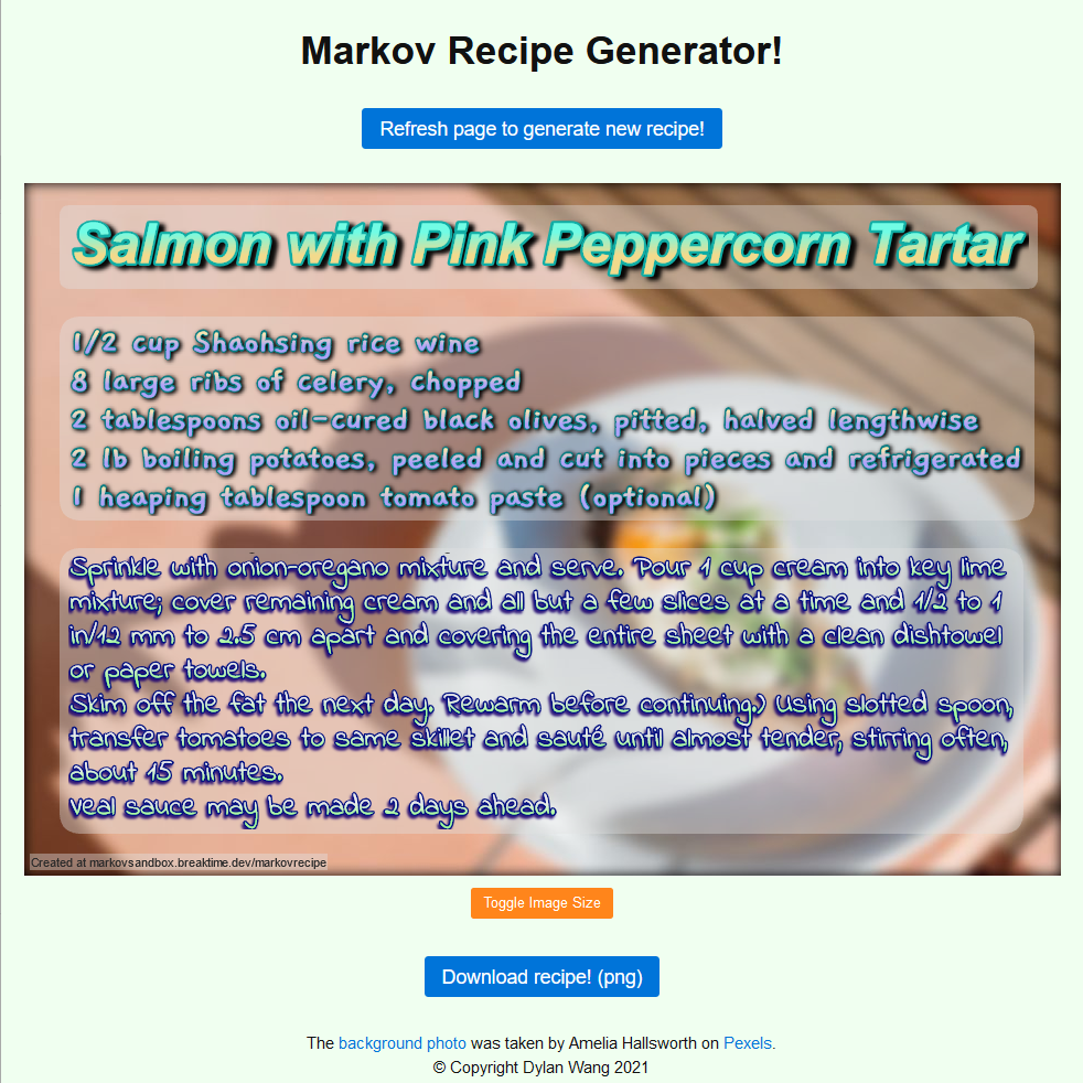 Screenshot of the Markov Recipe Generator page